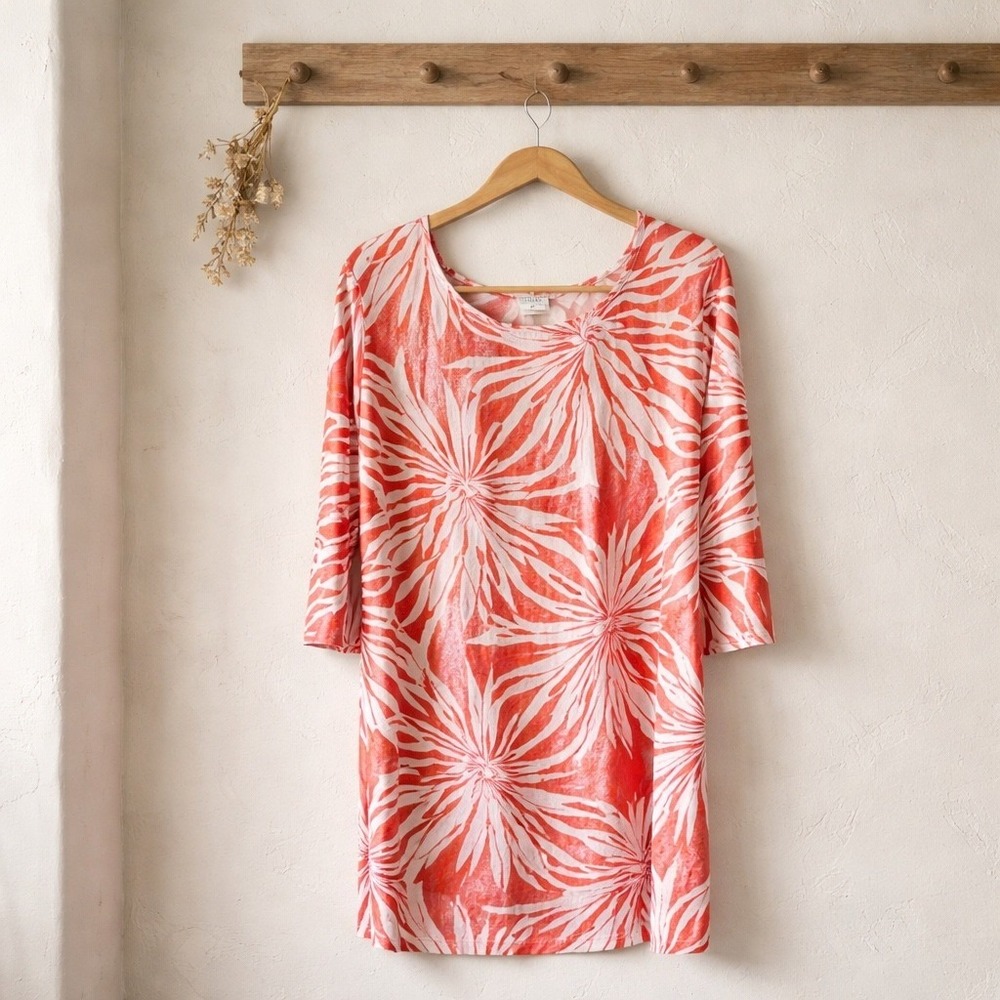 Jean-Pierre Klifa Tunic Dress Women XL Pink Orange Floral 3/4 Sleeve Excellent
